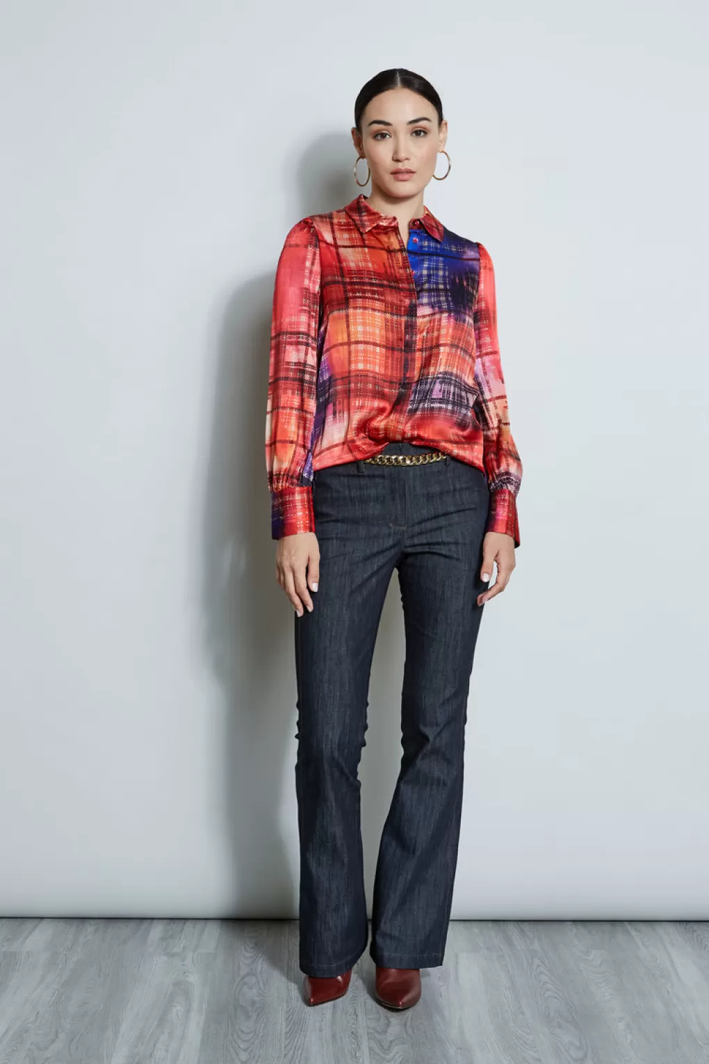 Discount Elie Tahari Silk Digital Plaid Shirt MULTI