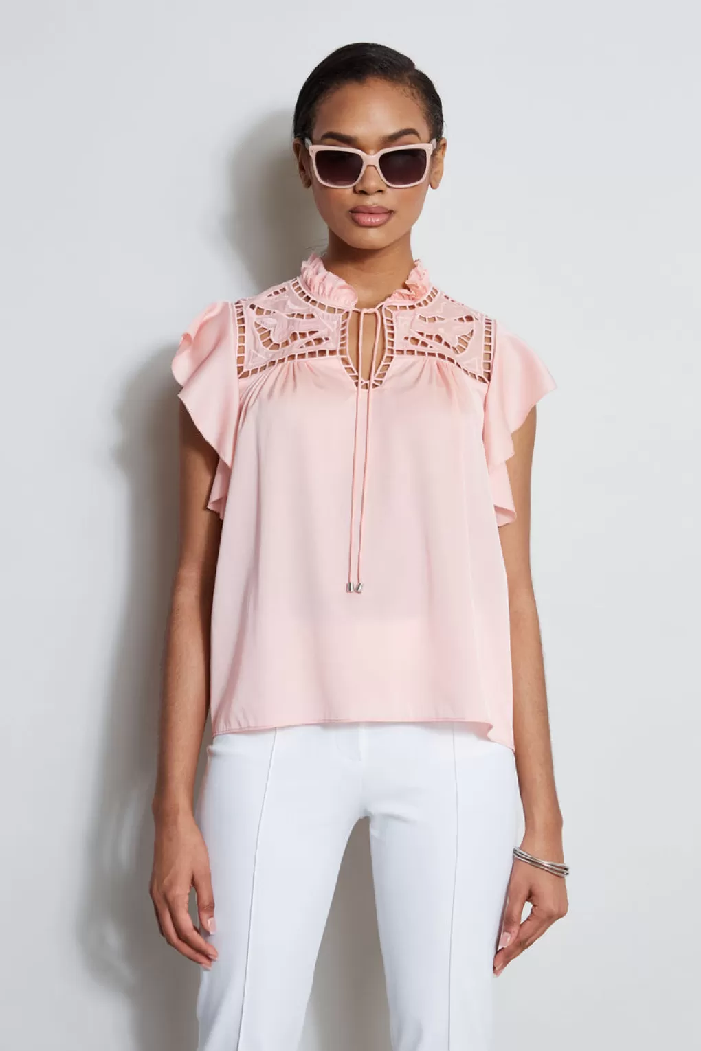 Discount Elie Tahari Silk Embroidered Flutter Sleeve Shirt PINK FIZZ