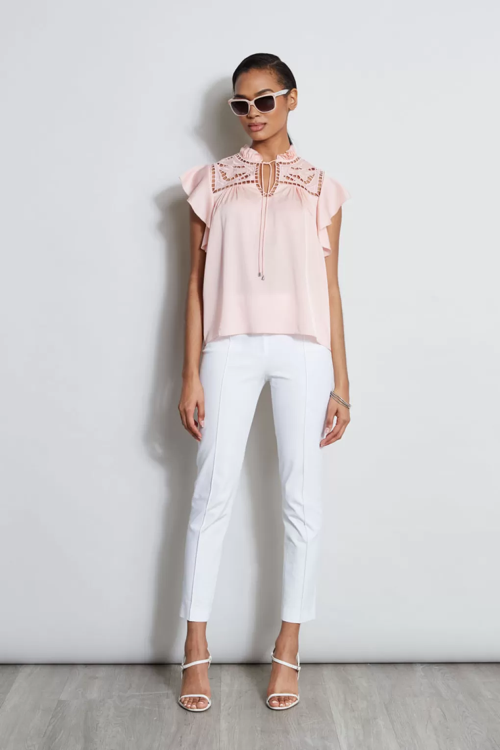 Discount Elie Tahari Silk Embroidered Flutter Sleeve Shirt PINK FIZZ