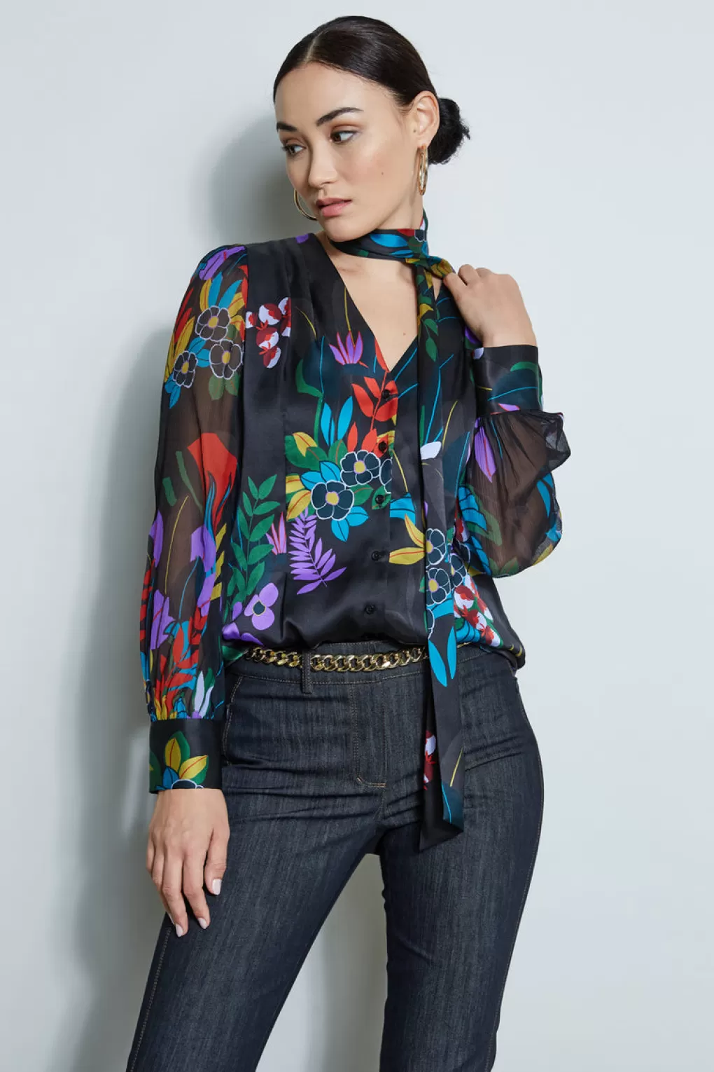 Cheap Elie Tahari Silk Floral Tie Shirt MULTI