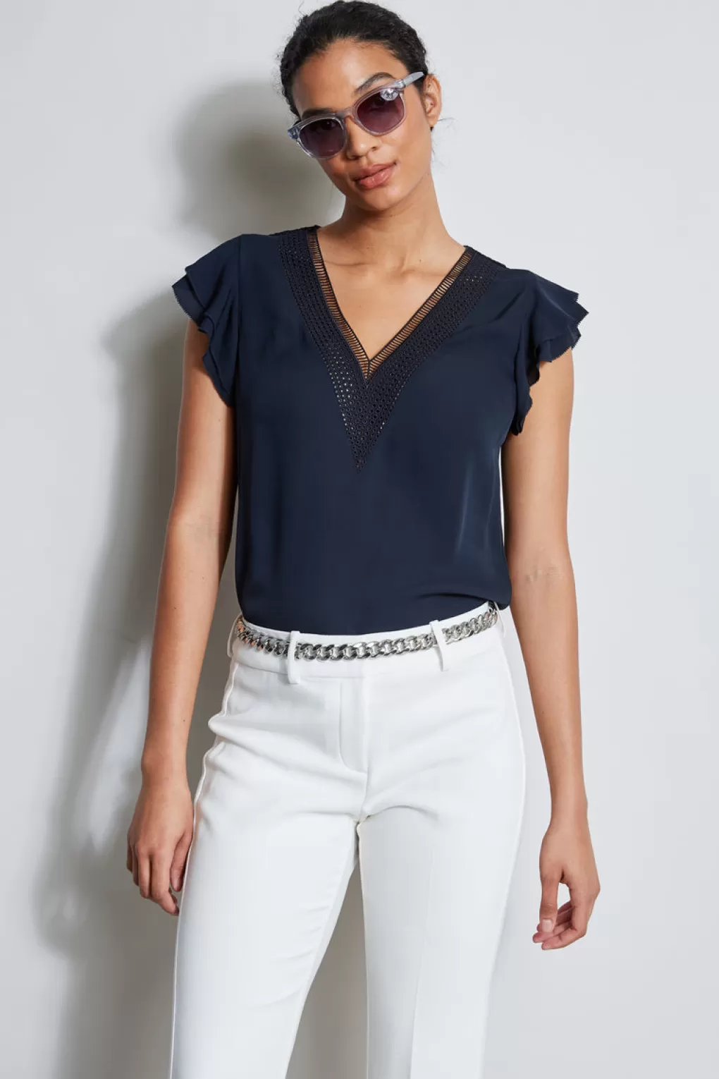 Online Elie Tahari Silk Flutter Sleeve Embroidered Shirt STARGAZER