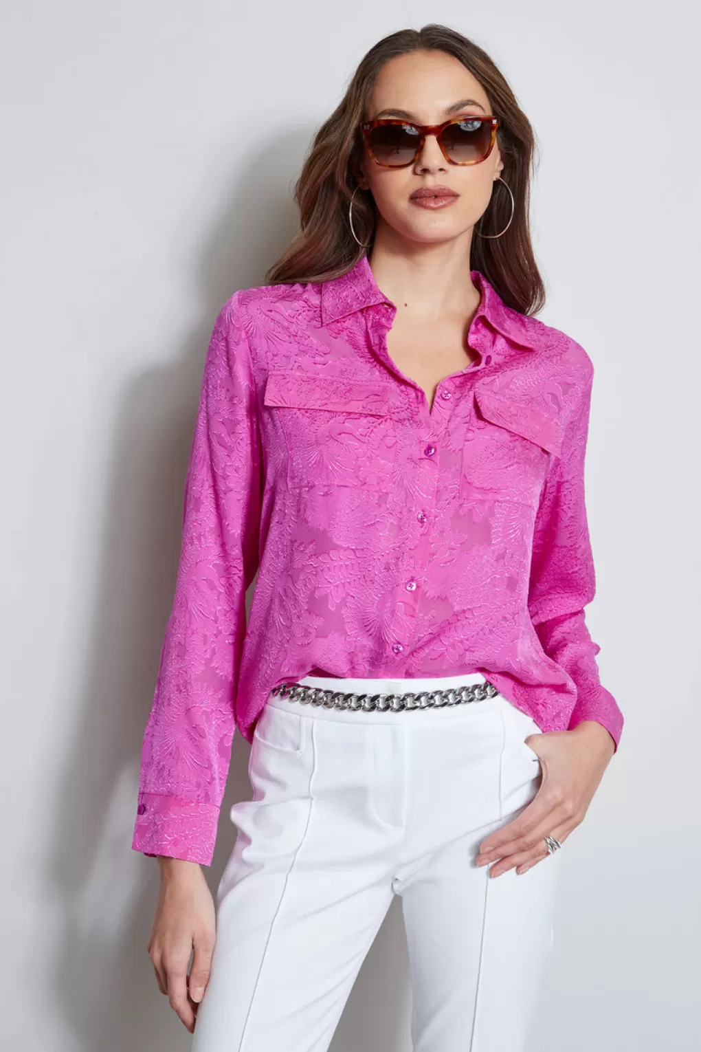 Cheap Elie Tahari Silk Jacquard Utility Shirt PEONY