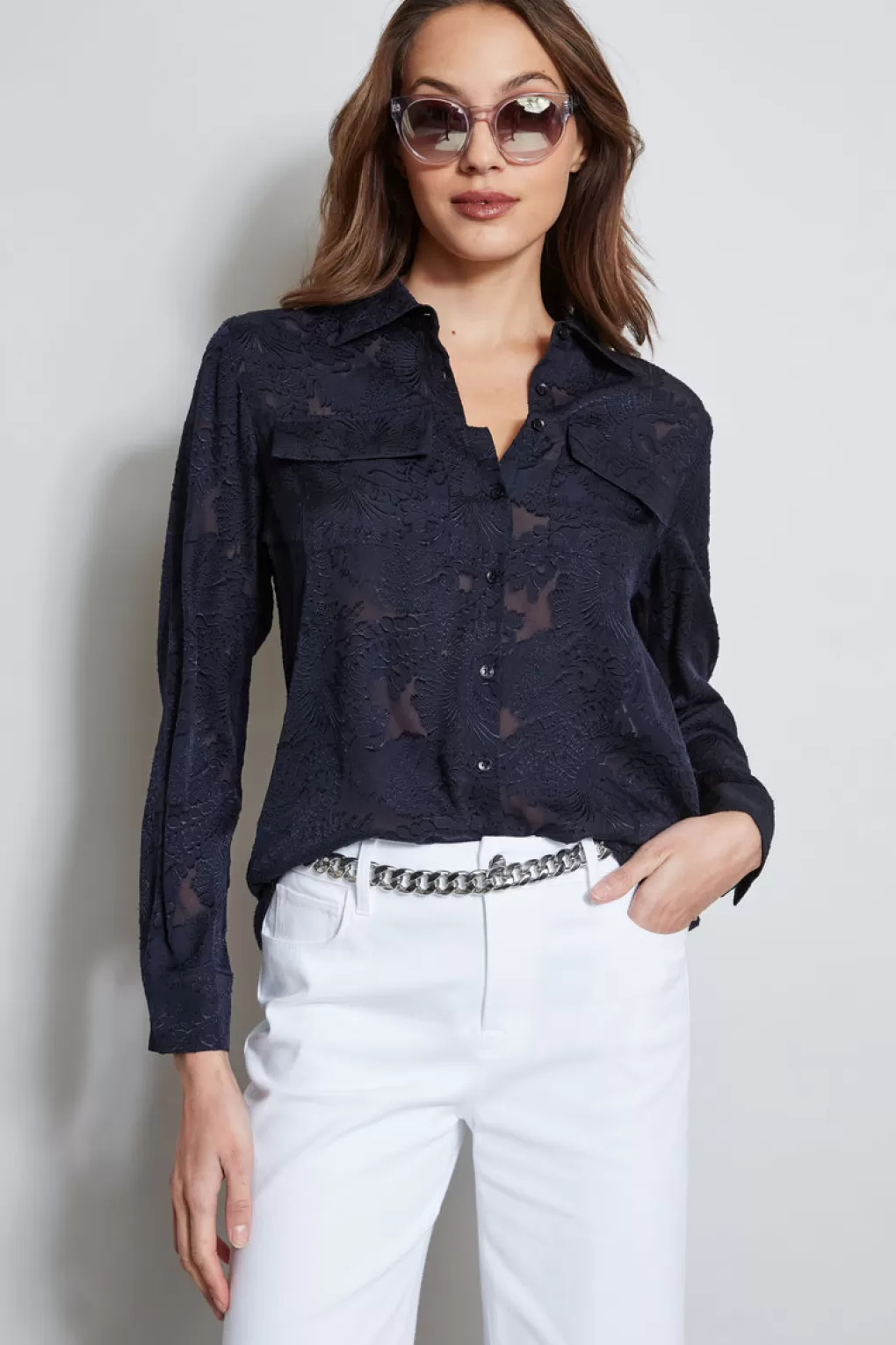 Discount Elie Tahari Silk Jacquard Utility Shirt STARGAZER