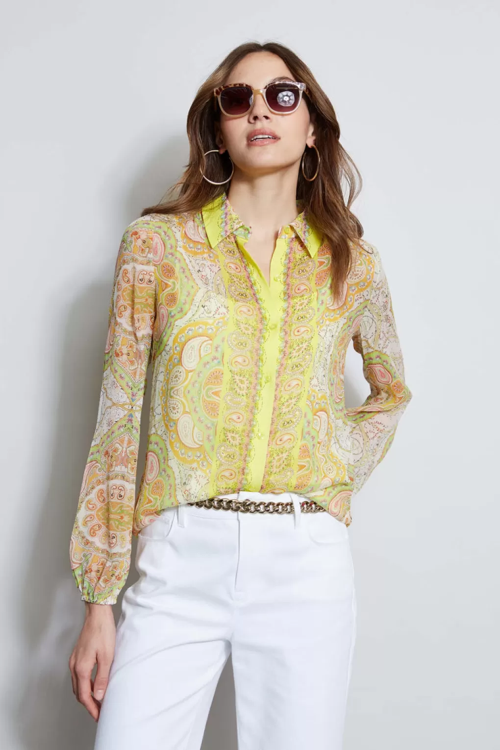 Best Elie Tahari Silk Mosaic Tile Button Down Shirt MULTI