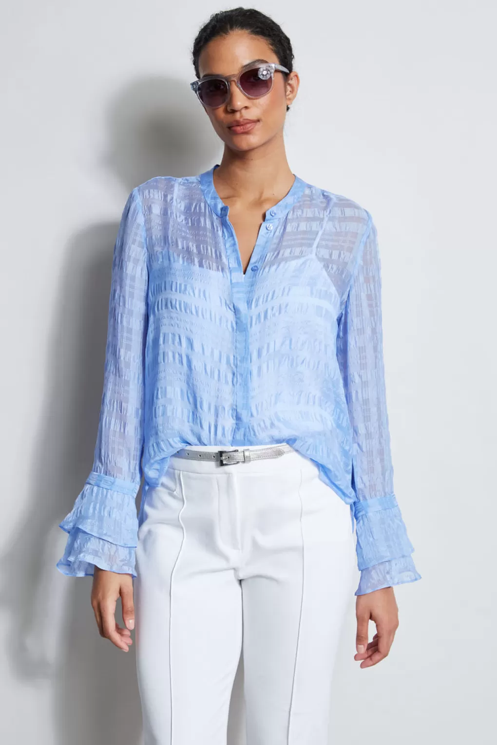 Clearance Elie Tahari Silk Pucker Texture Shirt HORIZON BLUE