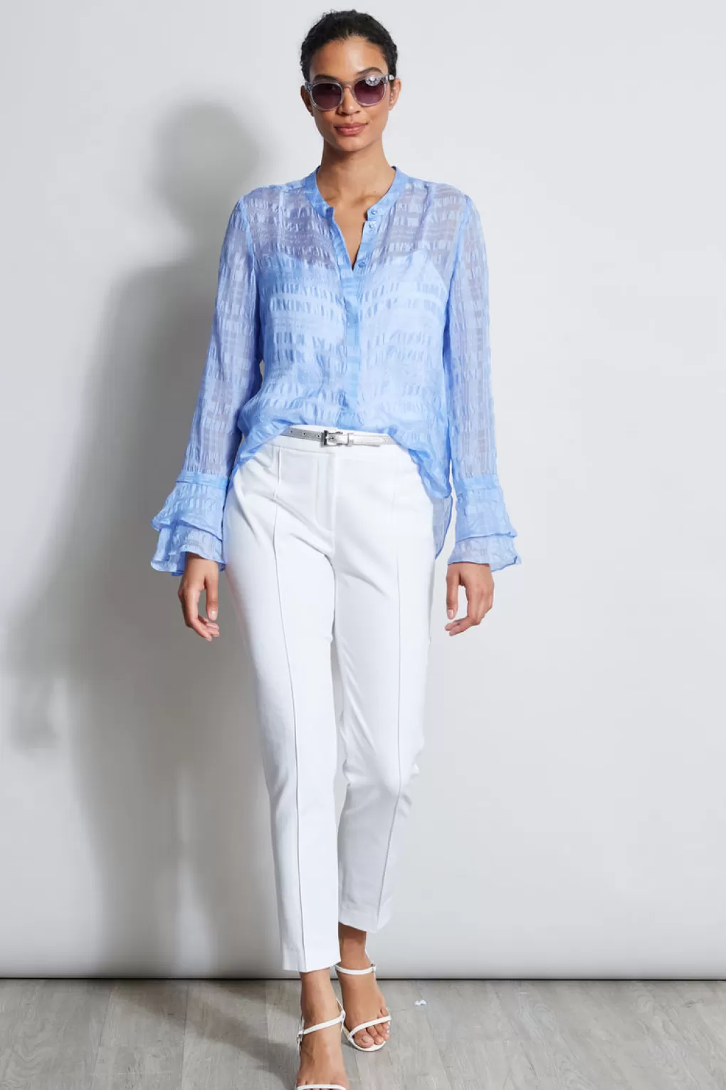 Clearance Elie Tahari Silk Pucker Texture Shirt HORIZON BLUE