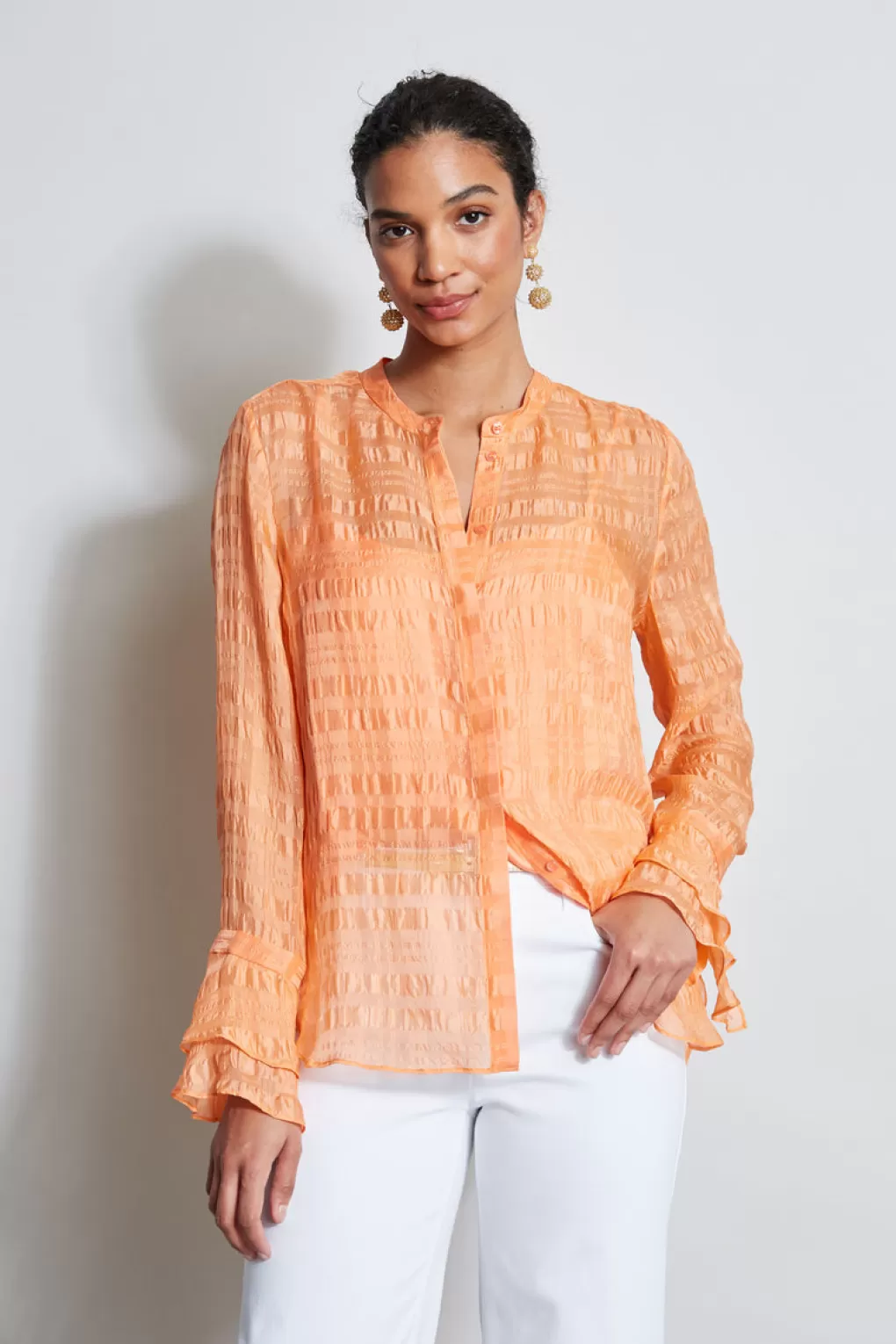 Sale Elie Tahari Silk Pucker Texture Shirt TANGERINE