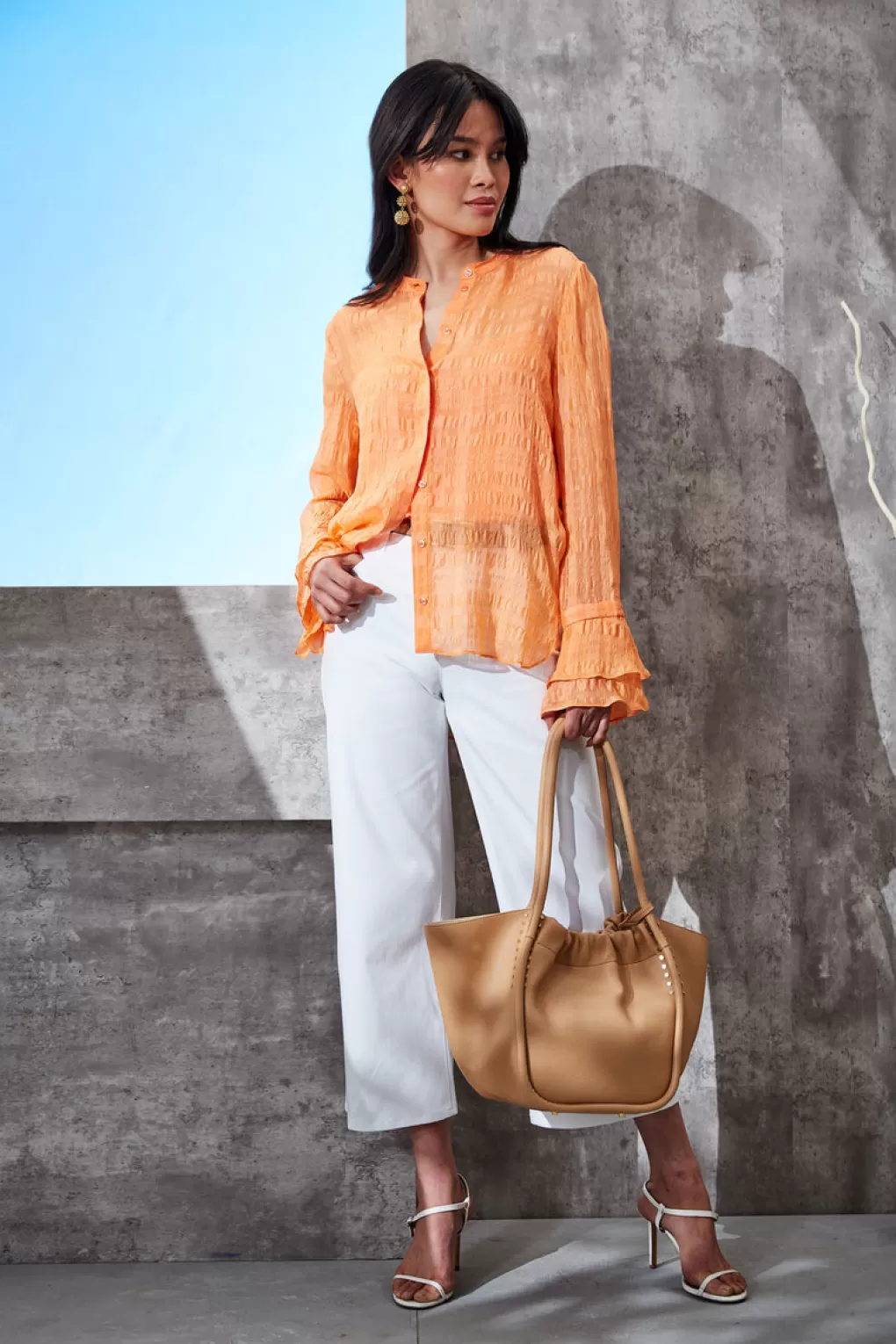 Sale Elie Tahari Silk Pucker Texture Shirt TANGERINE