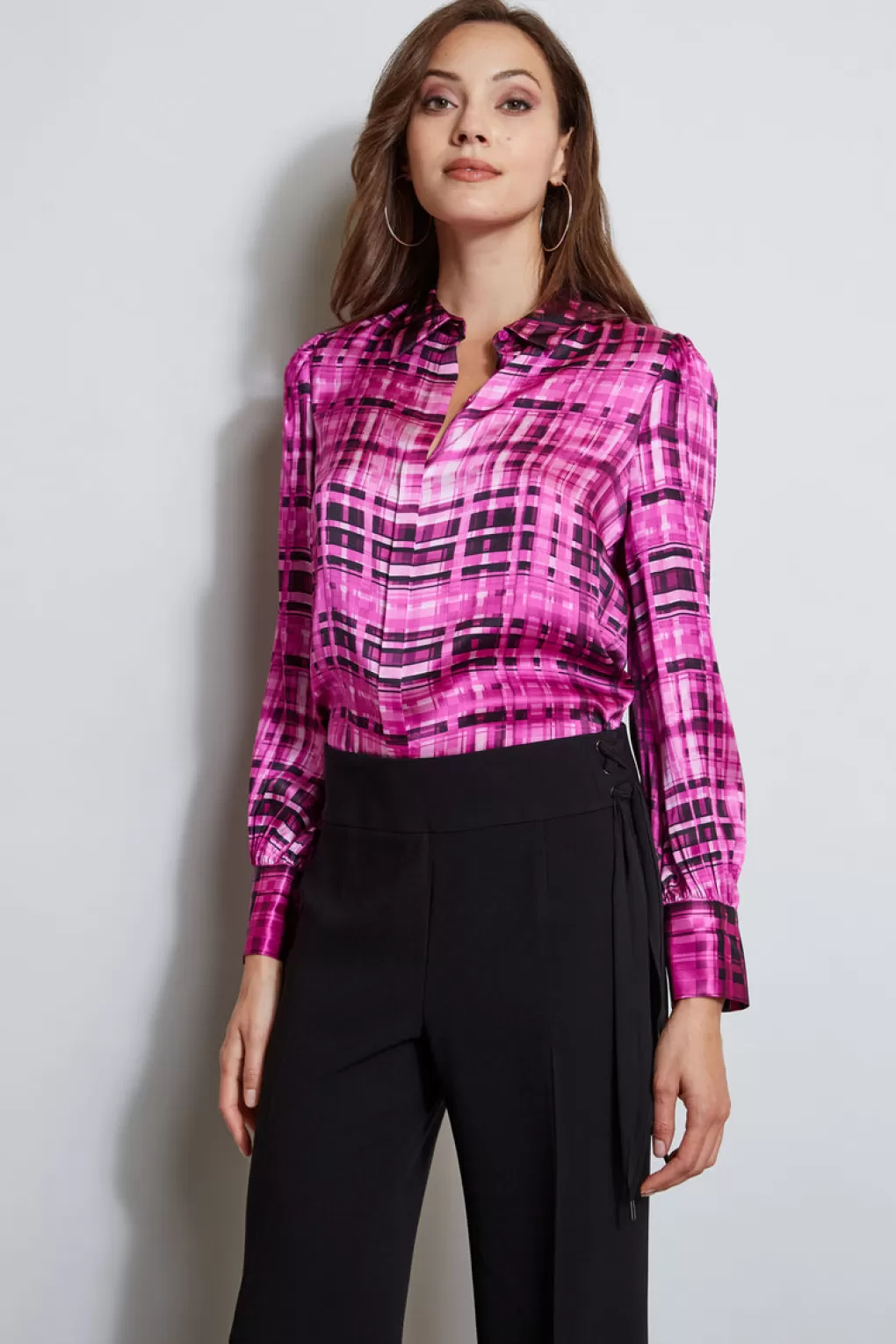 Discount Elie Tahari Silk Satin Bauhaus Plaid Shirt BOYSENBERRY