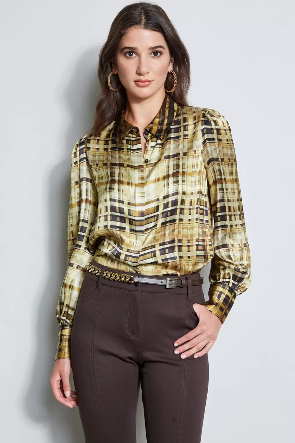 Cheap Elie Tahari Silk Satin Bauhaus Plaid Shirt OLIVE MULTI