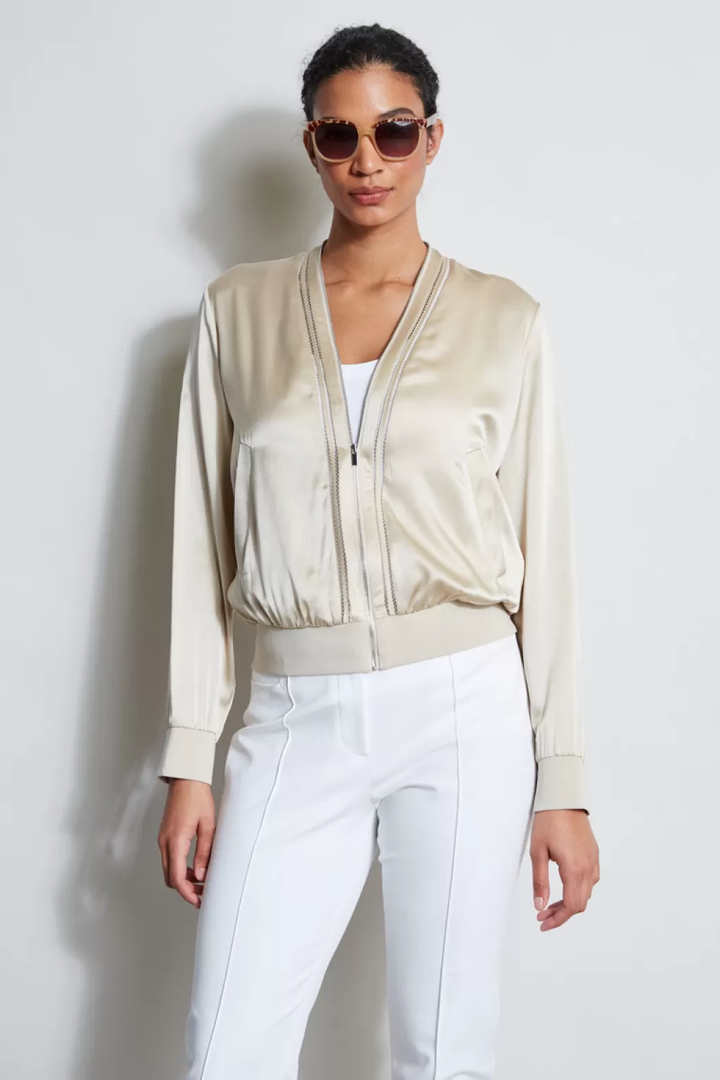 Discount Elie Tahari Silk Satin Bomber Jacket DRIFTWOOD