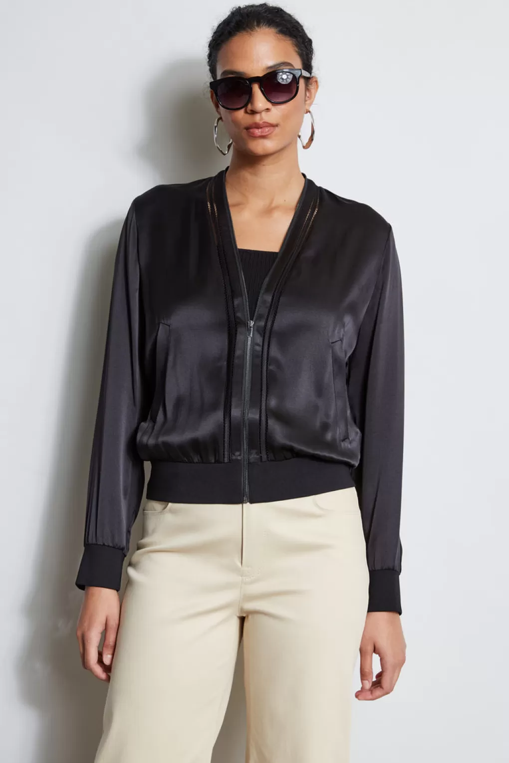 Flash Sale Elie Tahari Silk Satin Bomber Jacket BLACK