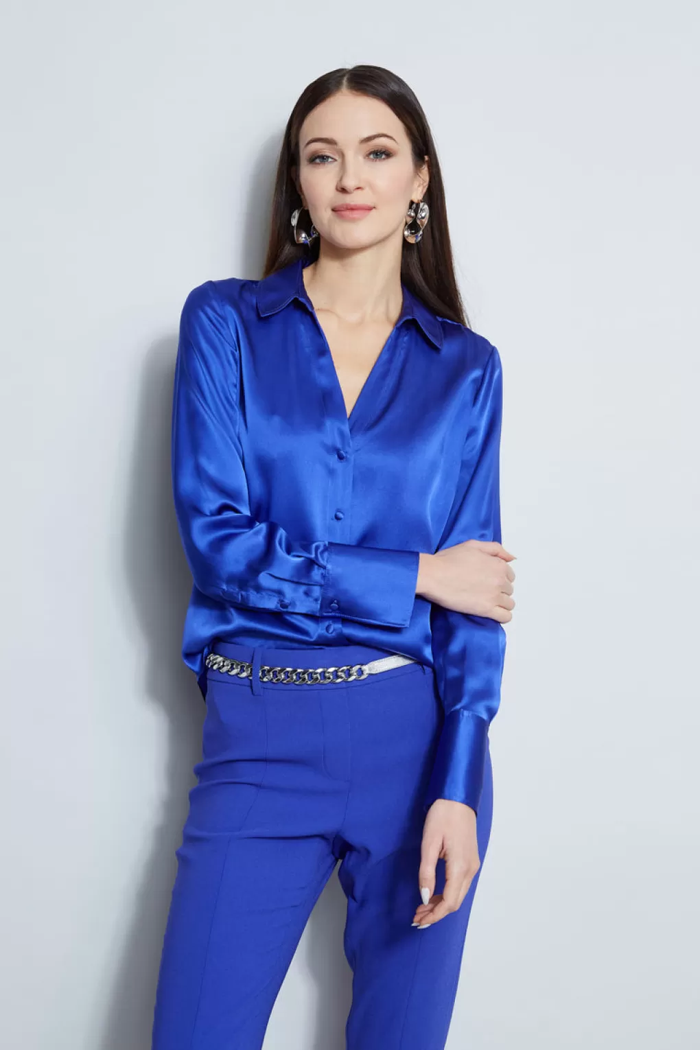 Online Elie Tahari Silk Satin Button Down Shirt LAPIS