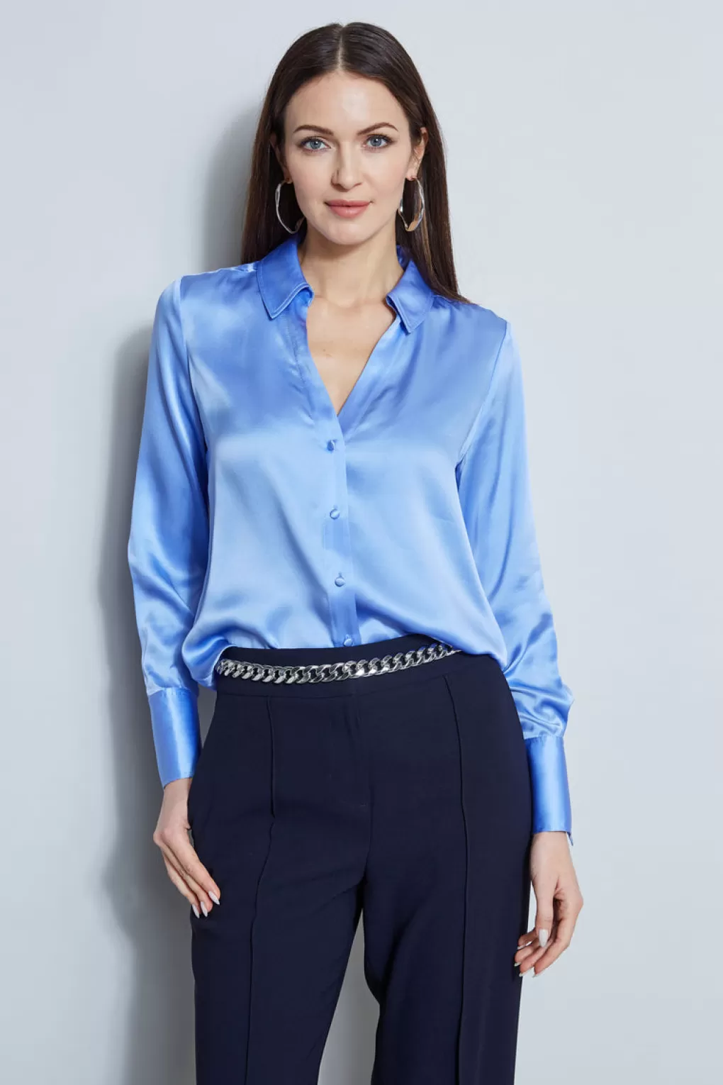 Hot Elie Tahari Silk Satin Button Down Shirt HORIZON BLUE