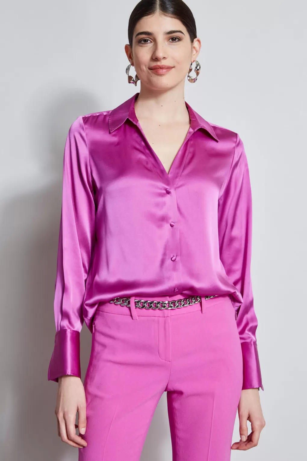 Hot Elie Tahari Silk Satin Button Down Shirt PEONY