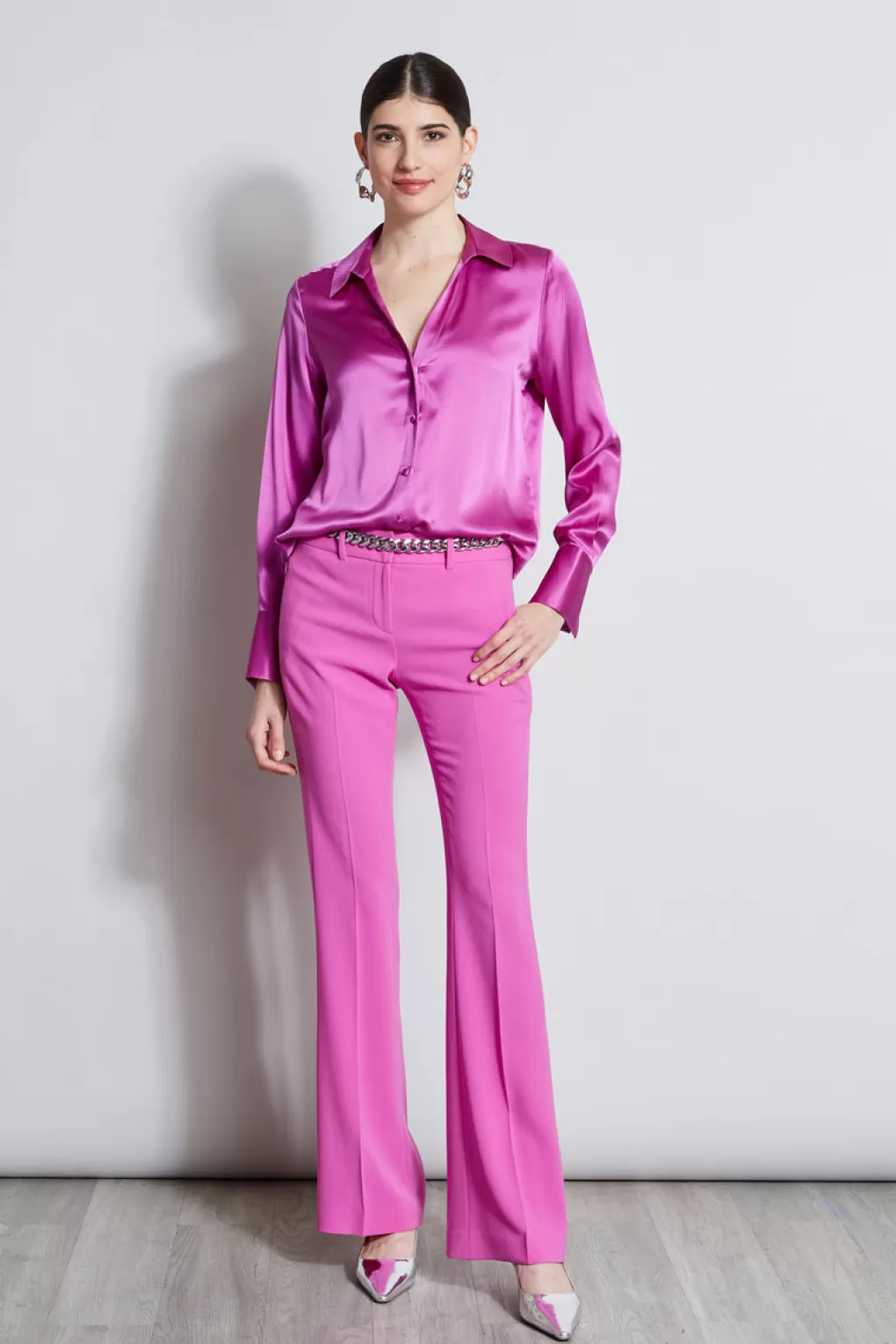 Hot Elie Tahari Silk Satin Button Down Shirt PEONY