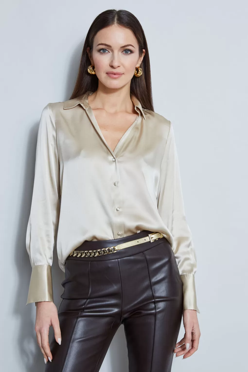 Shop Elie Tahari Silk Satin Button Down Shirt DRIFTWOOD