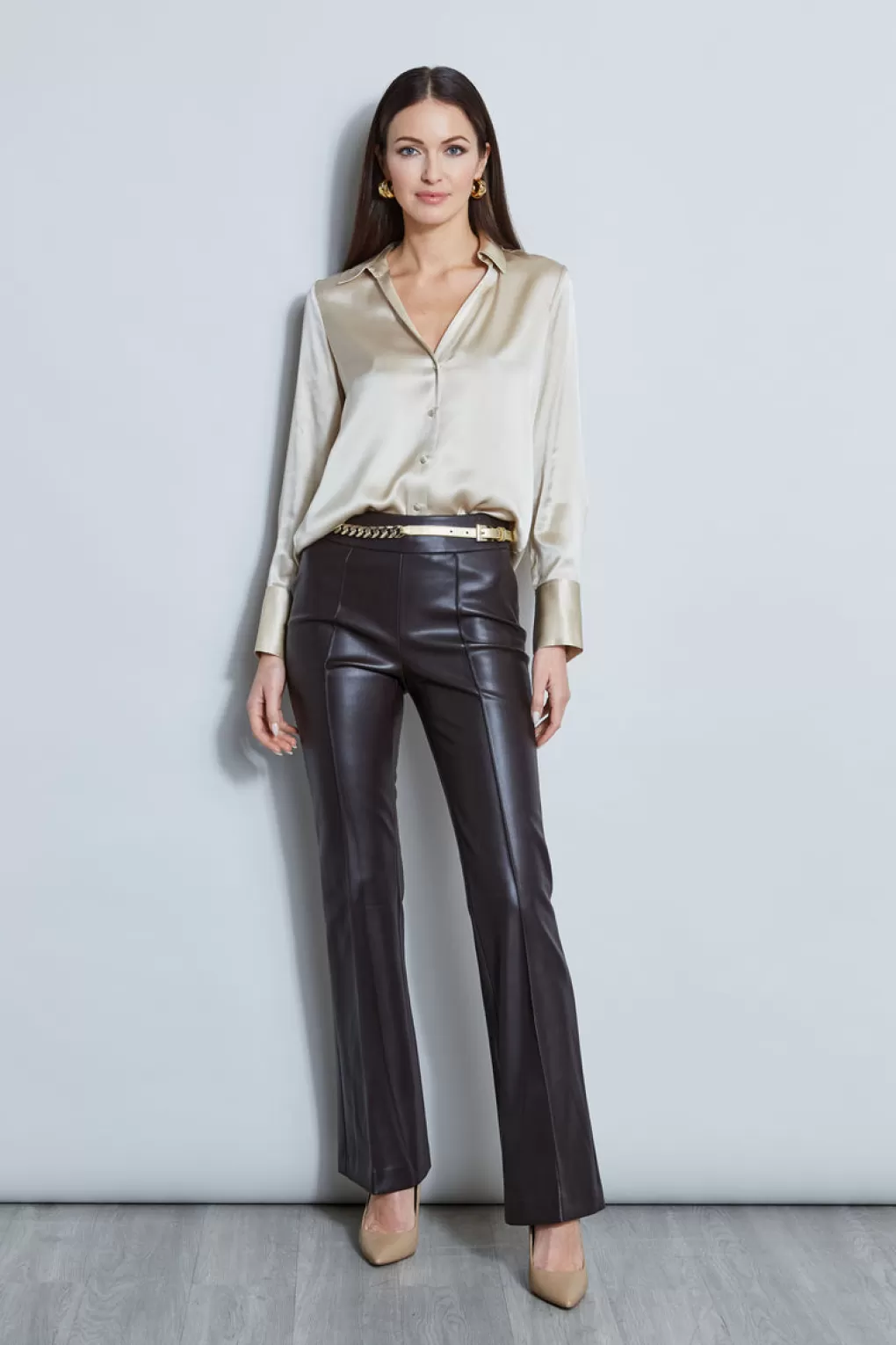 Shop Elie Tahari Silk Satin Button Down Shirt DRIFTWOOD