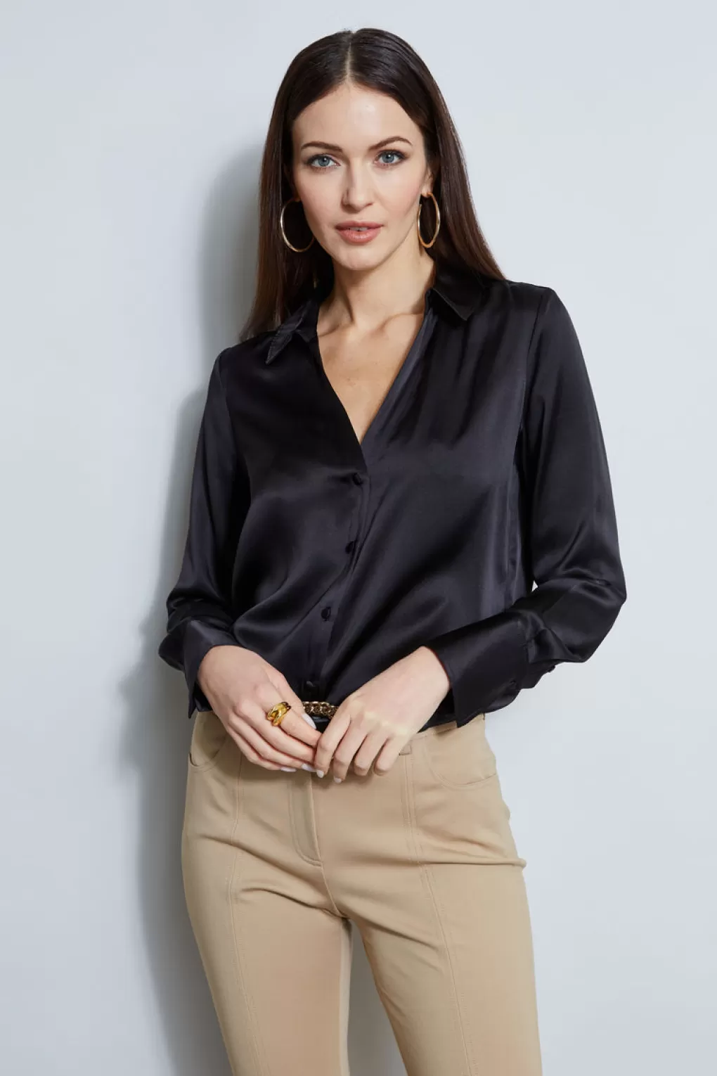 Cheap Elie Tahari Silk Satin Button Down Shirt BLACK