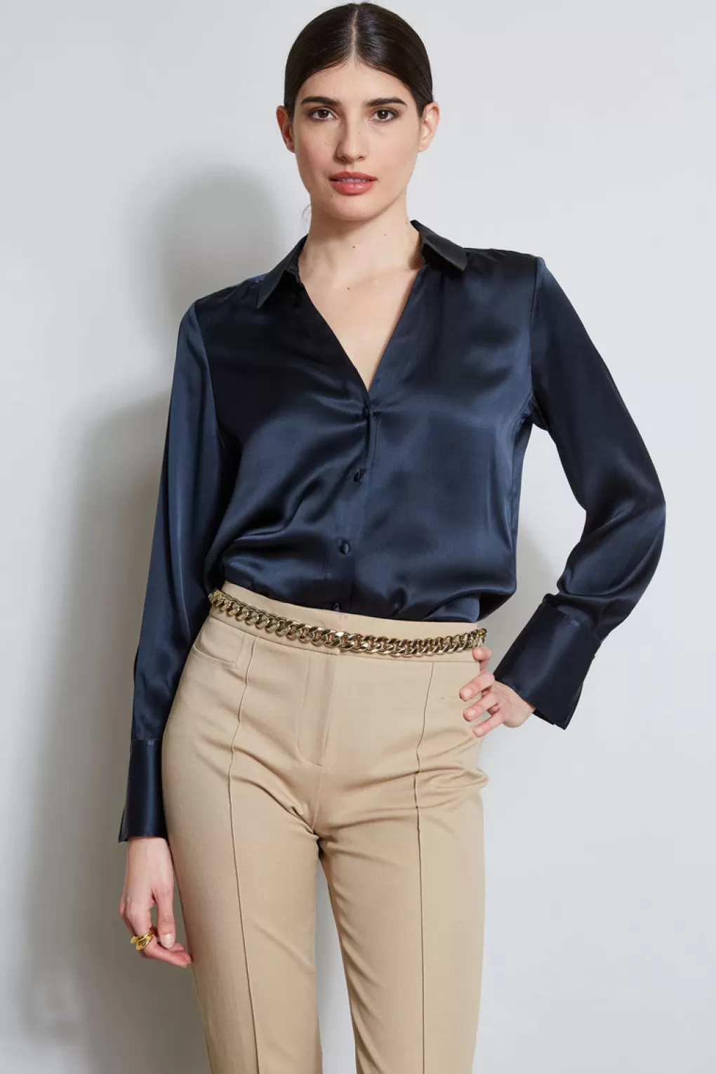 Cheap Elie Tahari Silk Satin Button Down Shirt STARGAZER