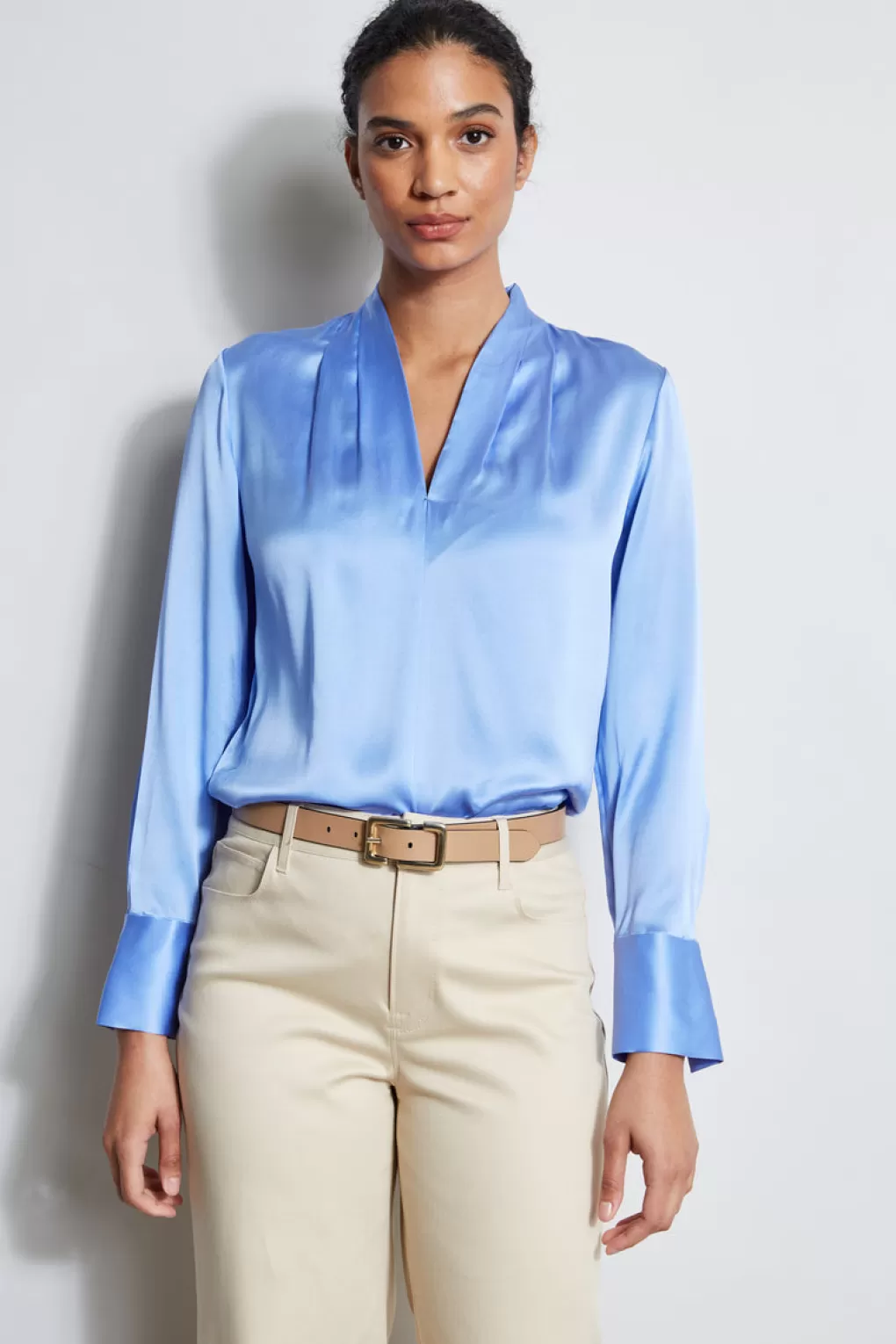 Best Elie Tahari Silk Satin Contour Neck Shirt HORIZON BLUE