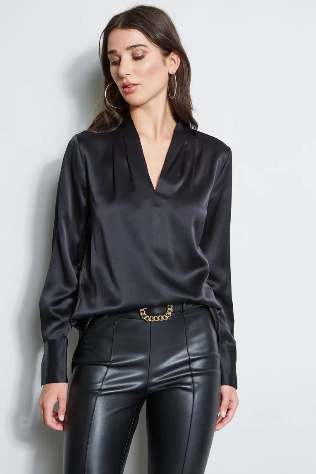 Flash Sale Elie Tahari Silk Satin Contour Neck Shirt BLACK