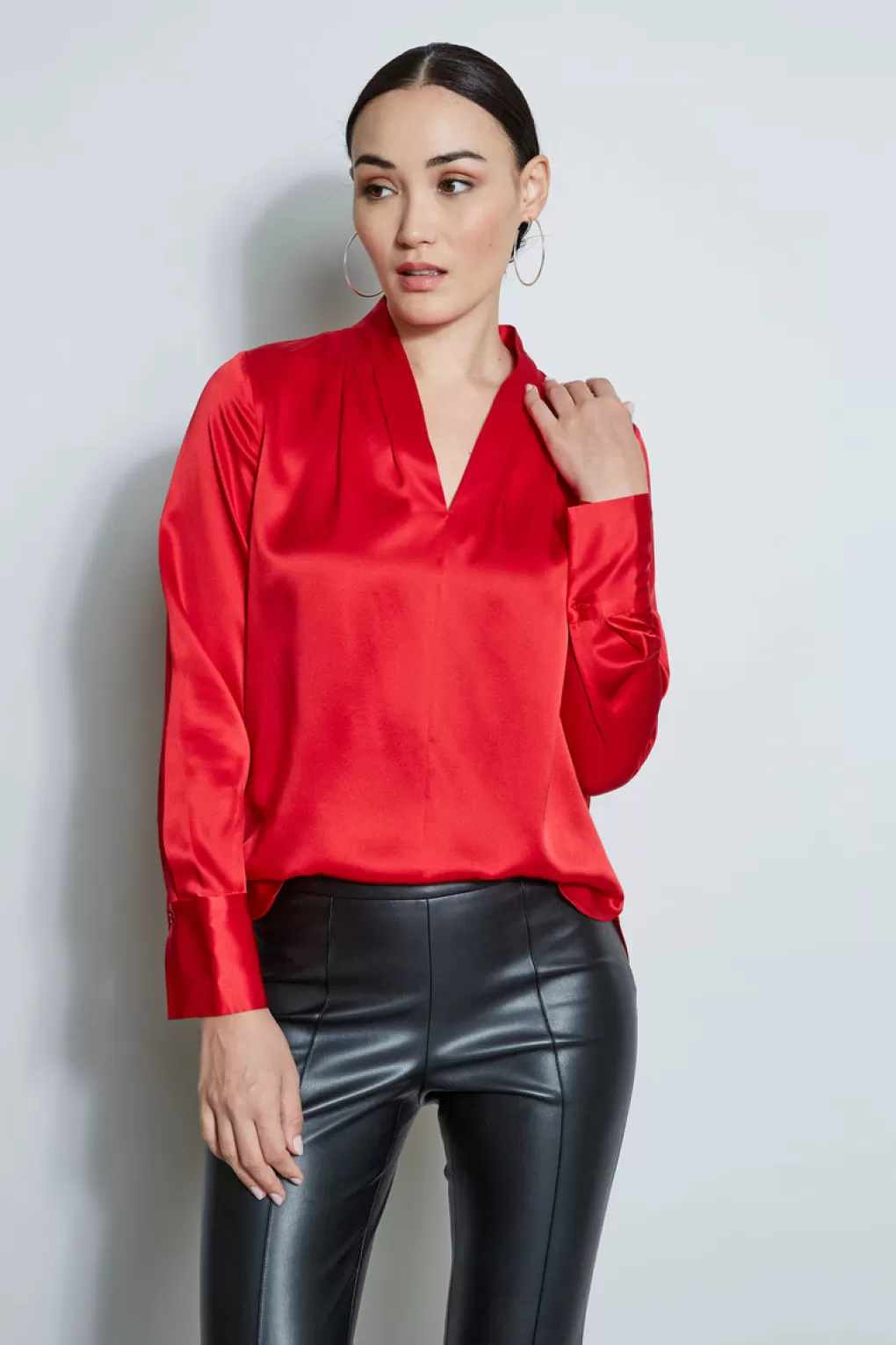 Best Elie Tahari Silk Satin Contour Neck Shirt FLAME RED