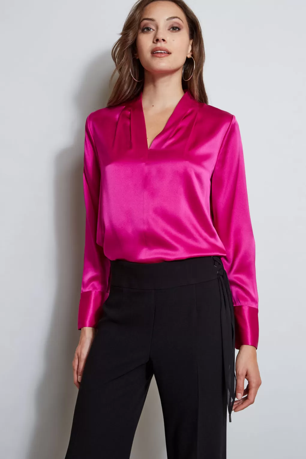 Hot Elie Tahari Silk Satin Contour Neck Shirt ELECTRIC PINK