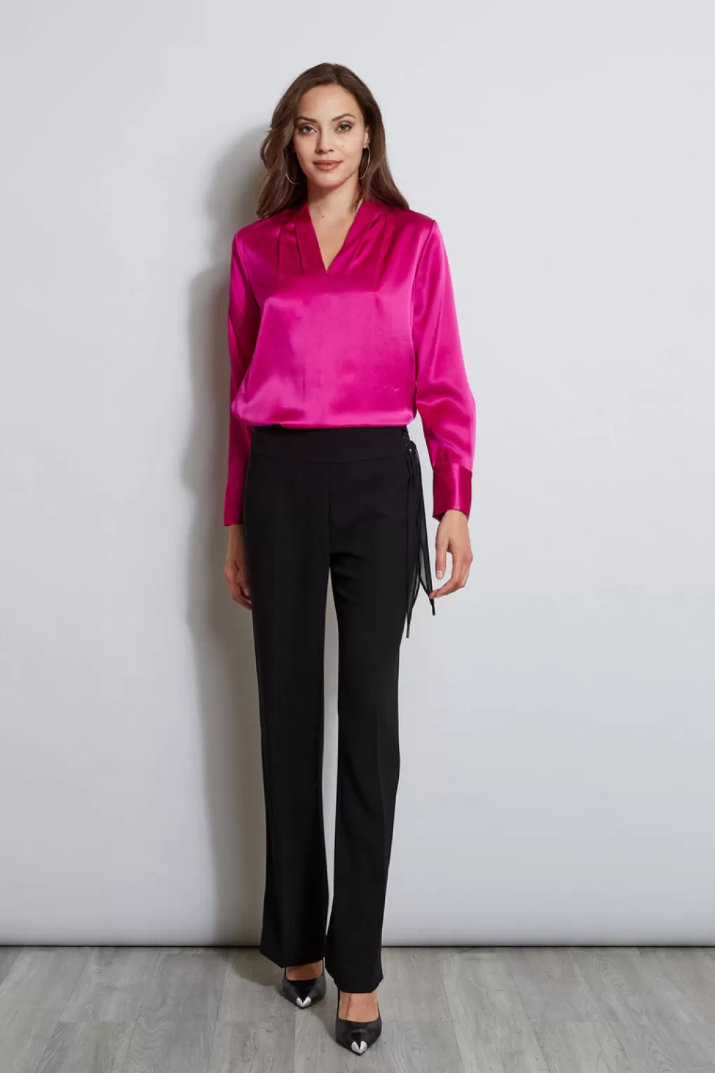 Hot Elie Tahari Silk Satin Contour Neck Shirt ELECTRIC PINK