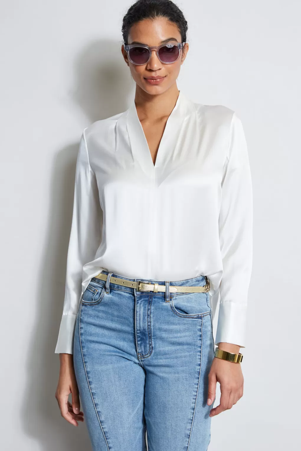 Shop Elie Tahari Silk Satin Contour Neck Shirt FRESH PEARL