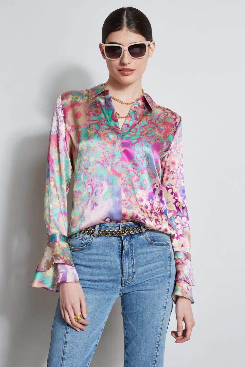 Discount Elie Tahari Silk Satin Field Floral Shirt MULTI