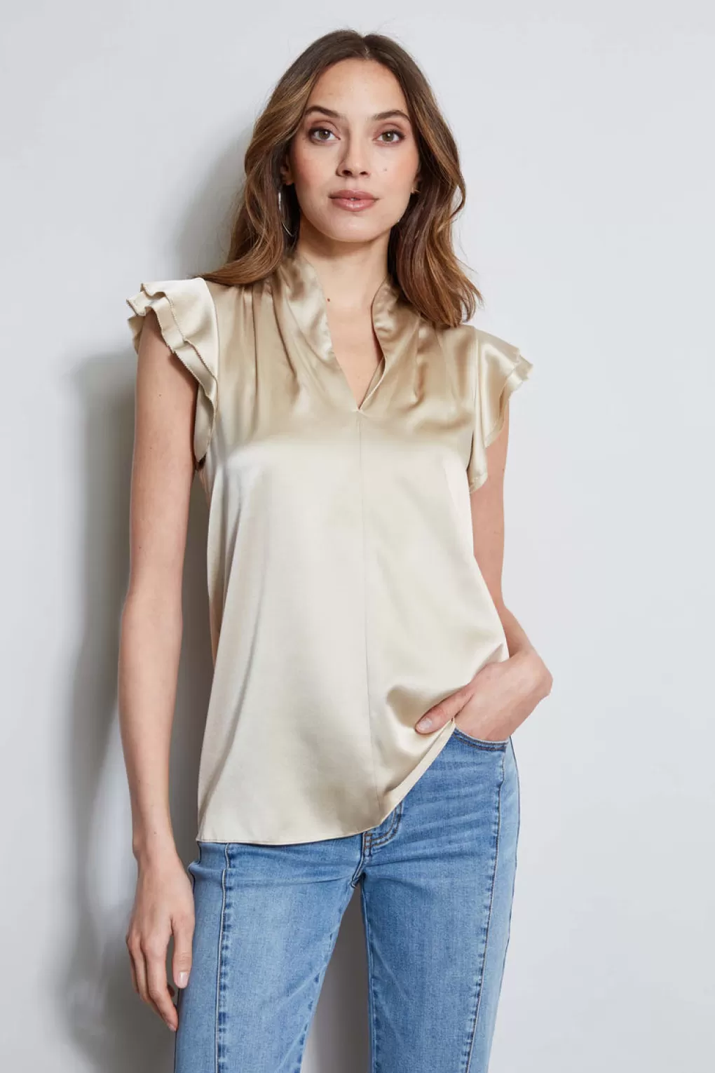 New Elie Tahari Silk Satin Flutter Sleeve Shirt DRIFTWOOD