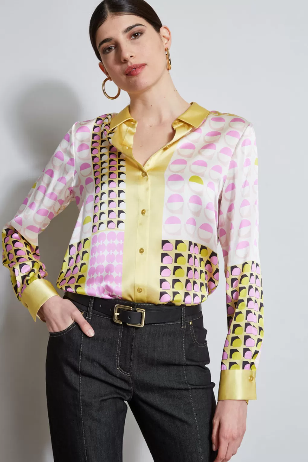 Store Elie Tahari Silk Satin Geo Graph Dot Shirt MULTI