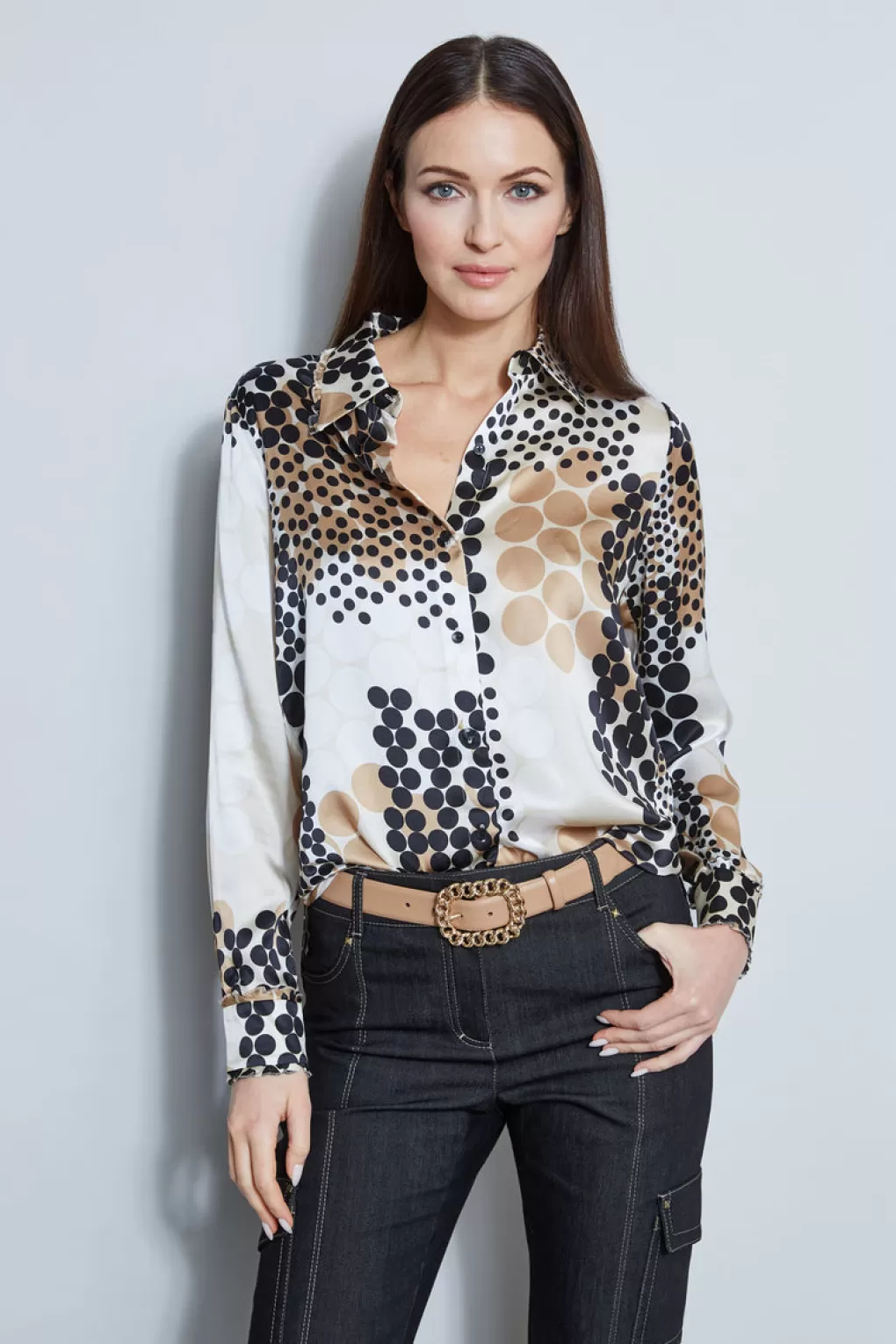 Outlet Elie Tahari Silk Satin Hydro Dot Shirt SANDCASTLE MULTI