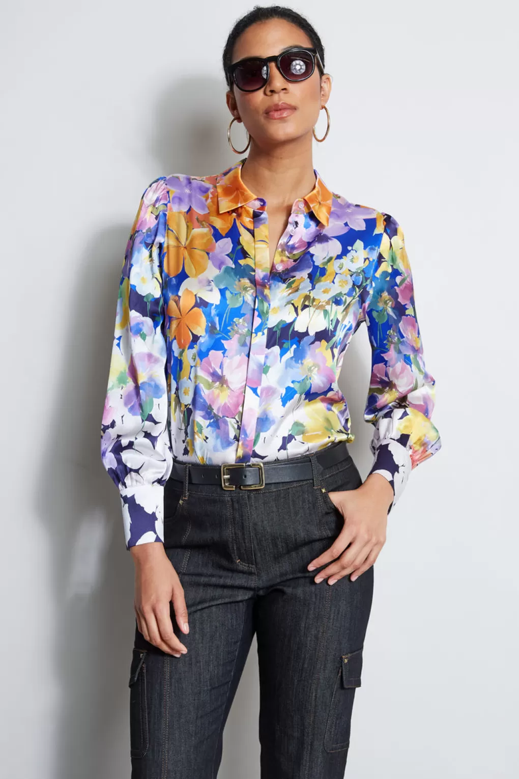 Fashion Elie Tahari Silk Satin Petal Collage Shirt MULTI