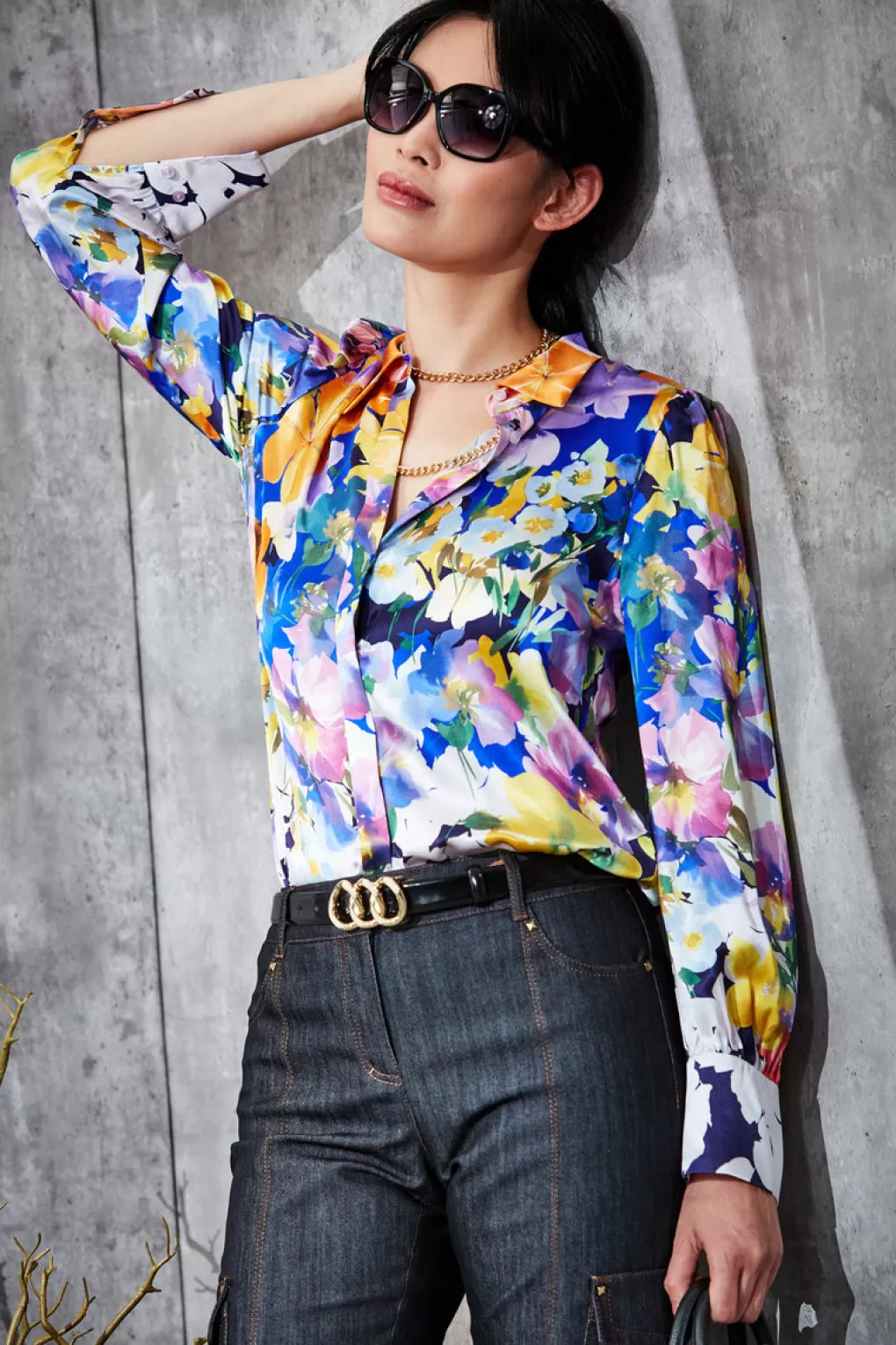 Fashion Elie Tahari Silk Satin Petal Collage Shirt MULTI