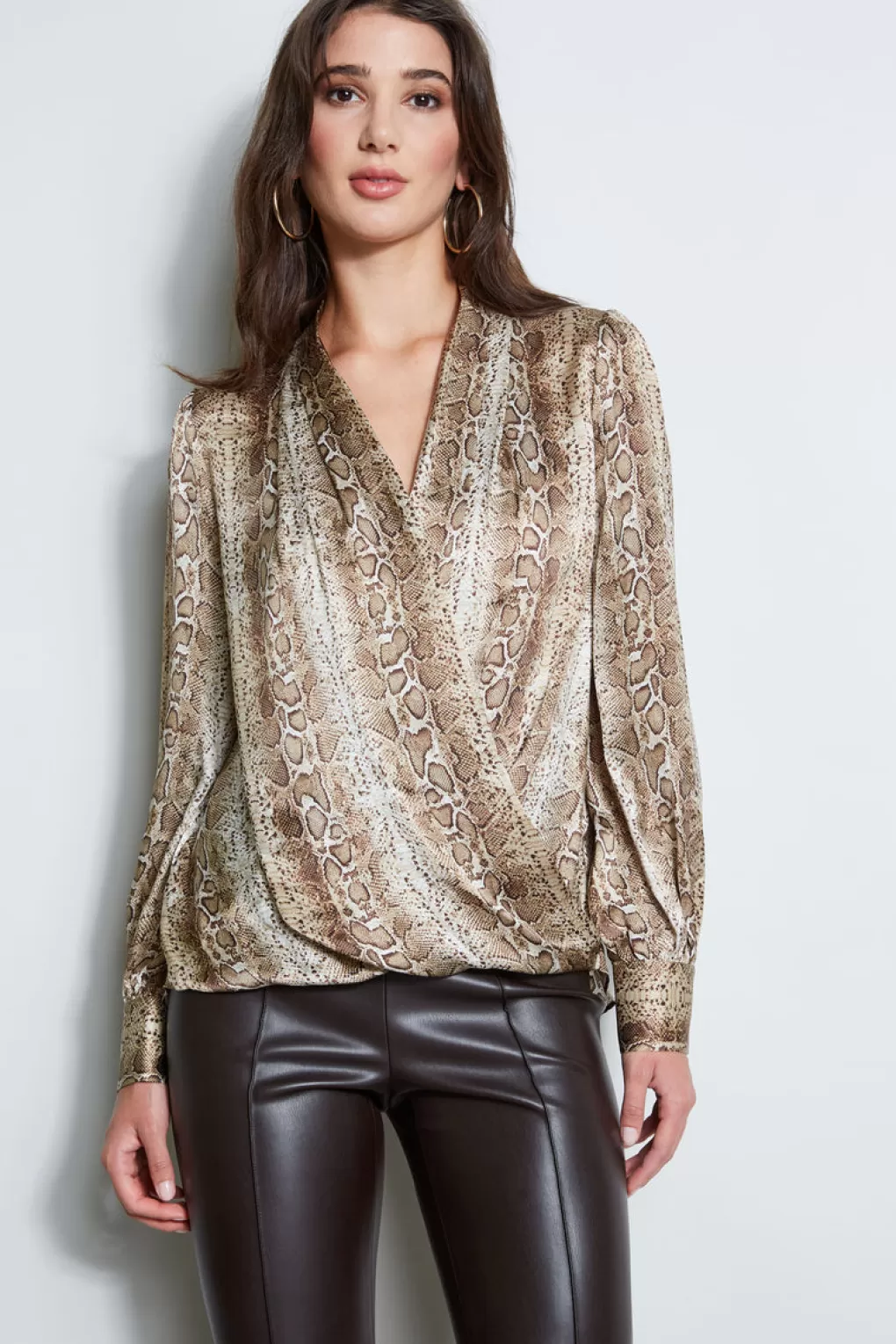 Discount Elie Tahari Silk Satin Python Draped Shirt MULTI