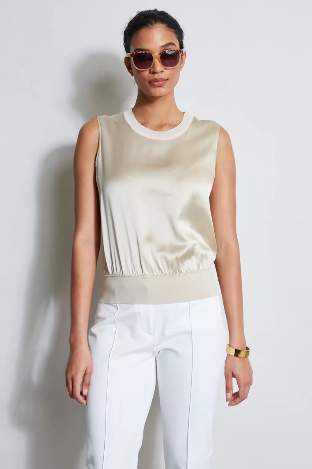 Cheap Elie Tahari Silk Satin Rib Shirt DRIFTWOOD