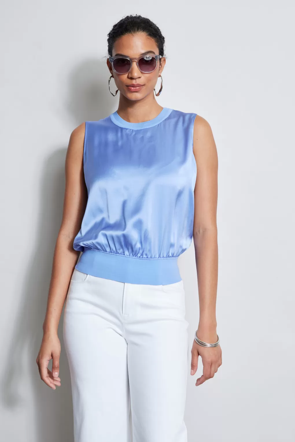 Shop Elie Tahari Silk Satin Rib Shirt HORIZON BLUE