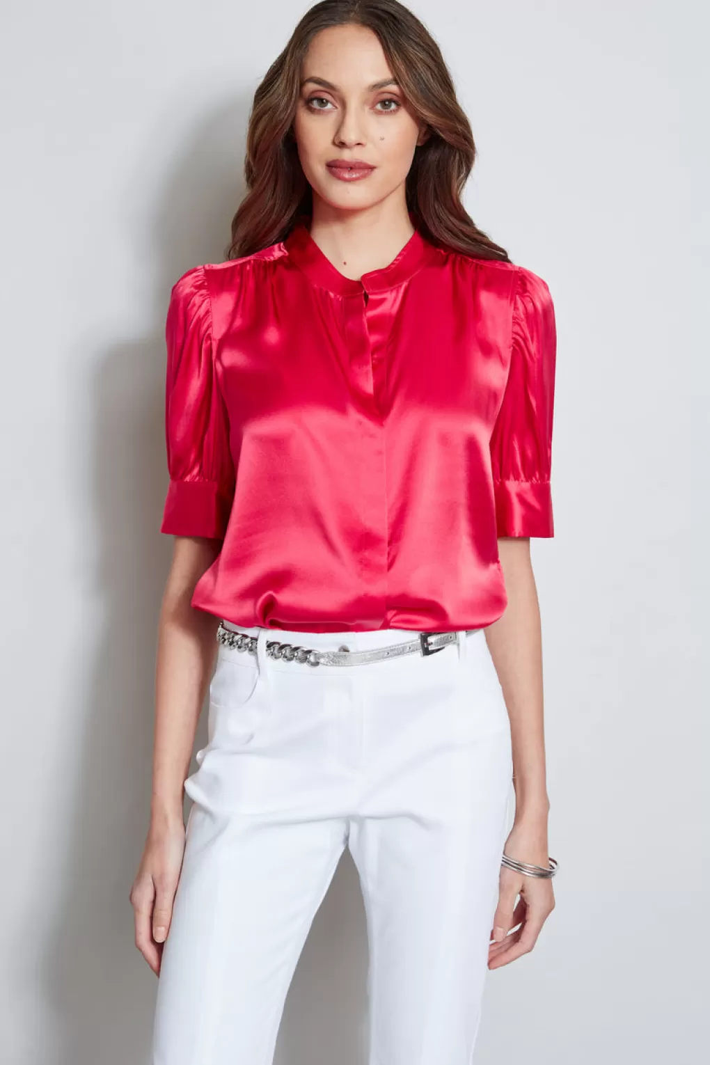 Discount Elie Tahari Silk Satin Ruched Sleeve Shirt WILD STRAWBERRY