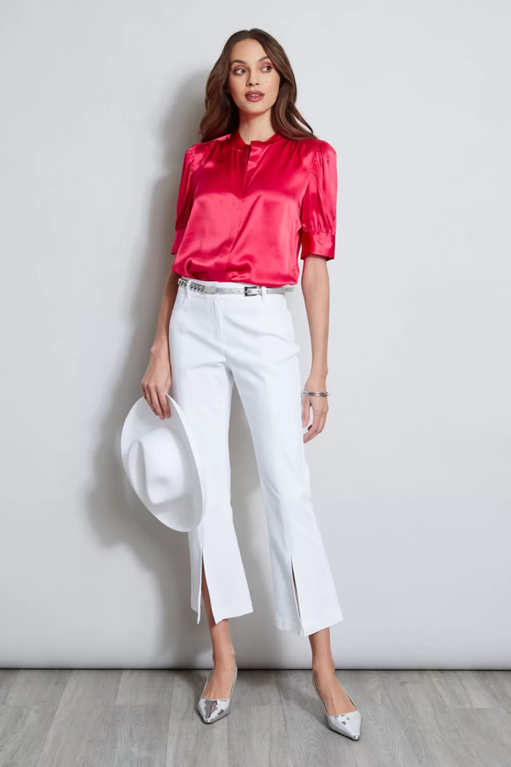 Discount Elie Tahari Silk Satin Ruched Sleeve Shirt WILD STRAWBERRY