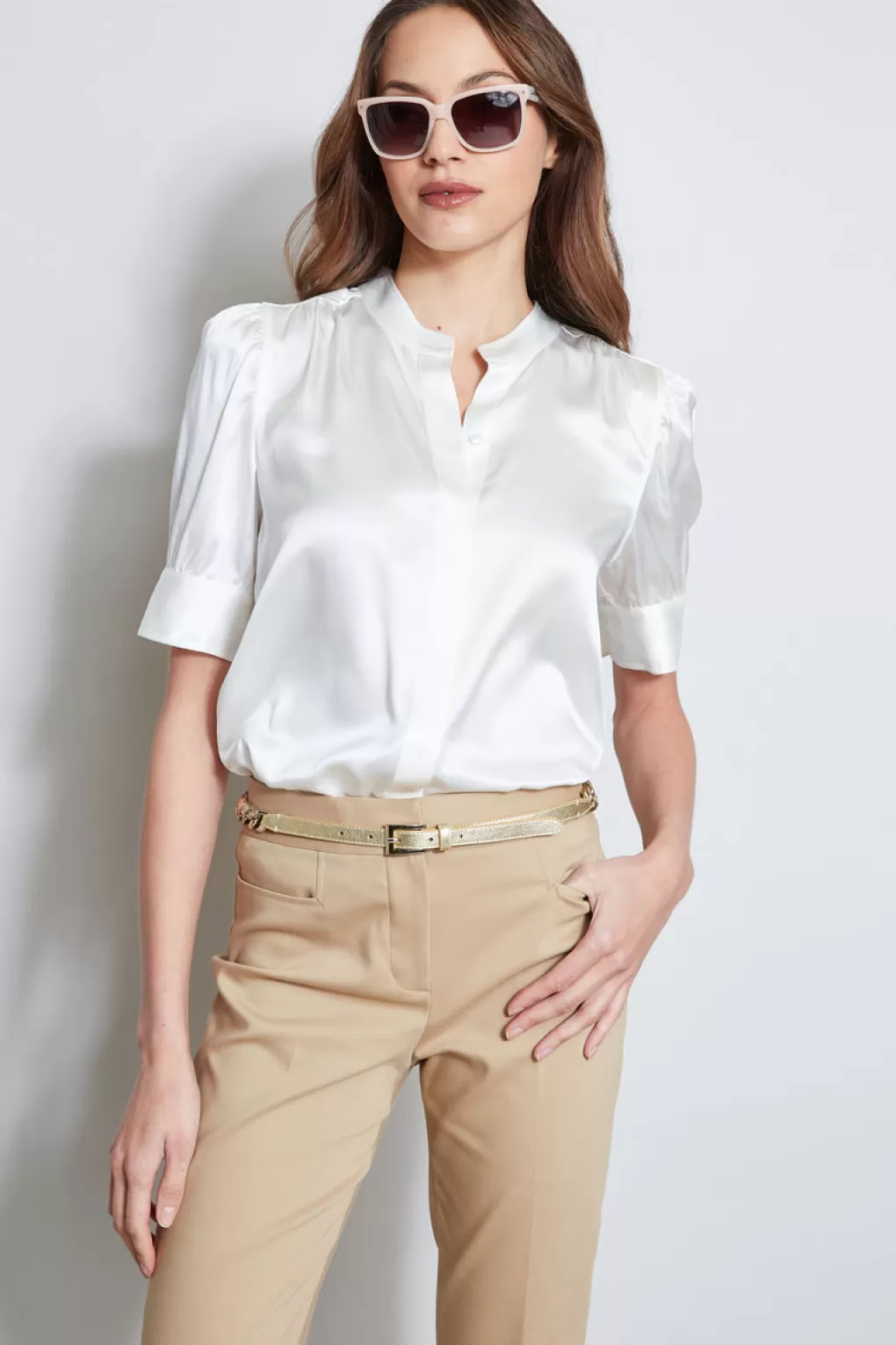 Store Elie Tahari Silk Satin Ruched Sleeve Shirt FRESH PEARL