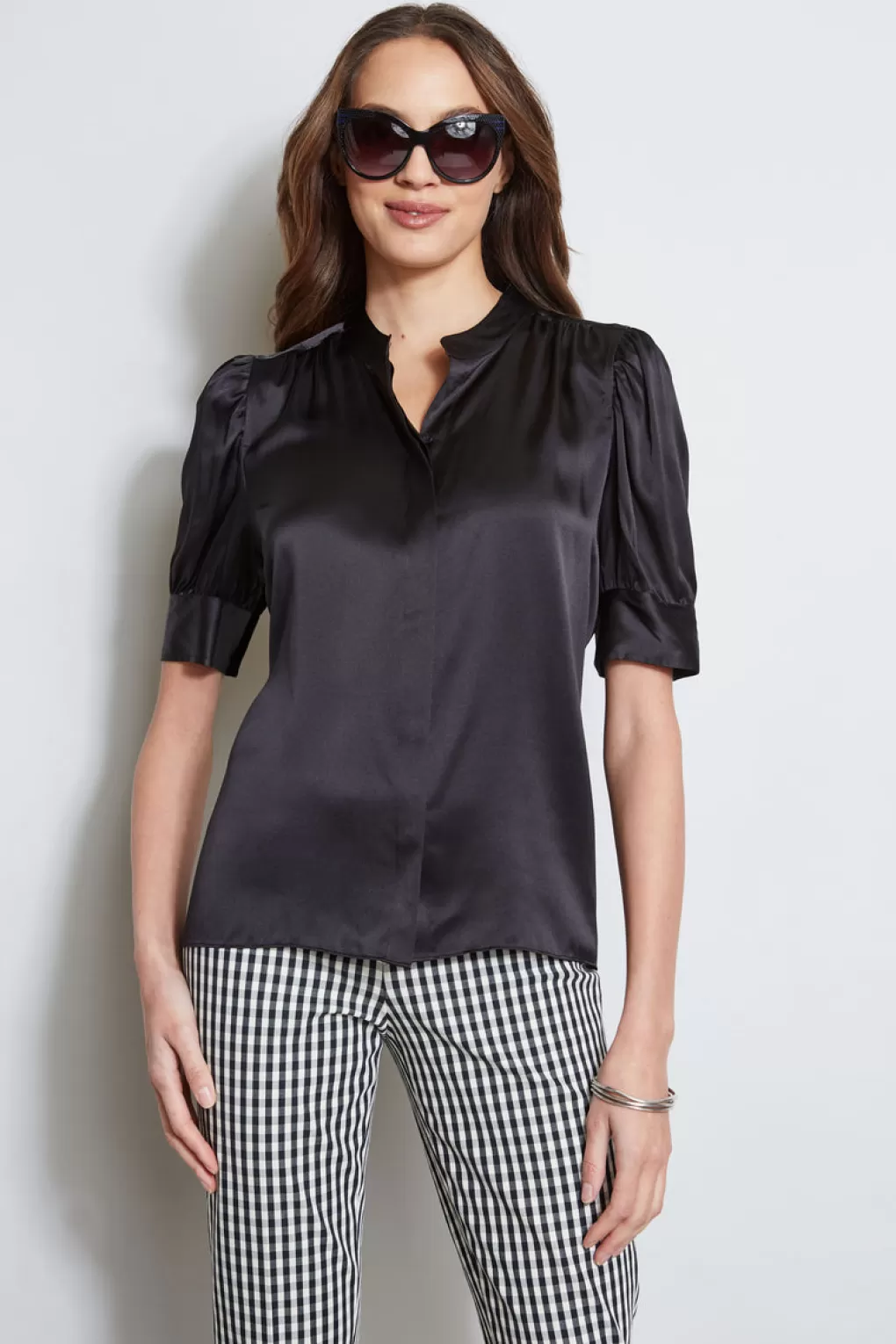 Best Sale Elie Tahari Silk Satin Ruched Sleeve Shirt BLACK