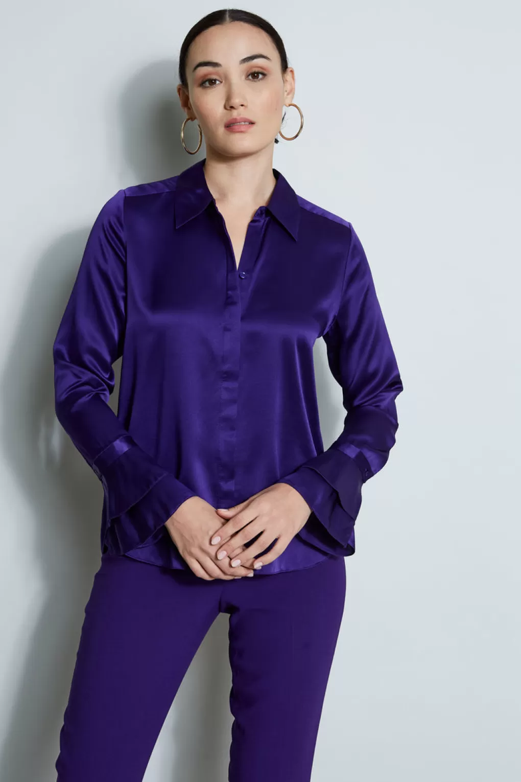 Discount Elie Tahari Silk Satin Ruffle Cuff Shirt WINTER PLUM