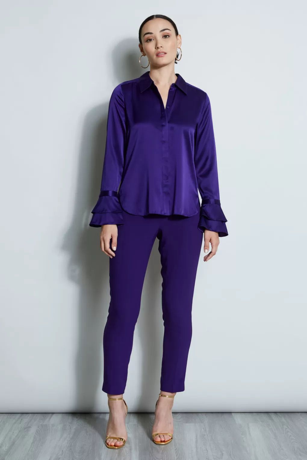 Discount Elie Tahari Silk Satin Ruffle Cuff Shirt WINTER PLUM