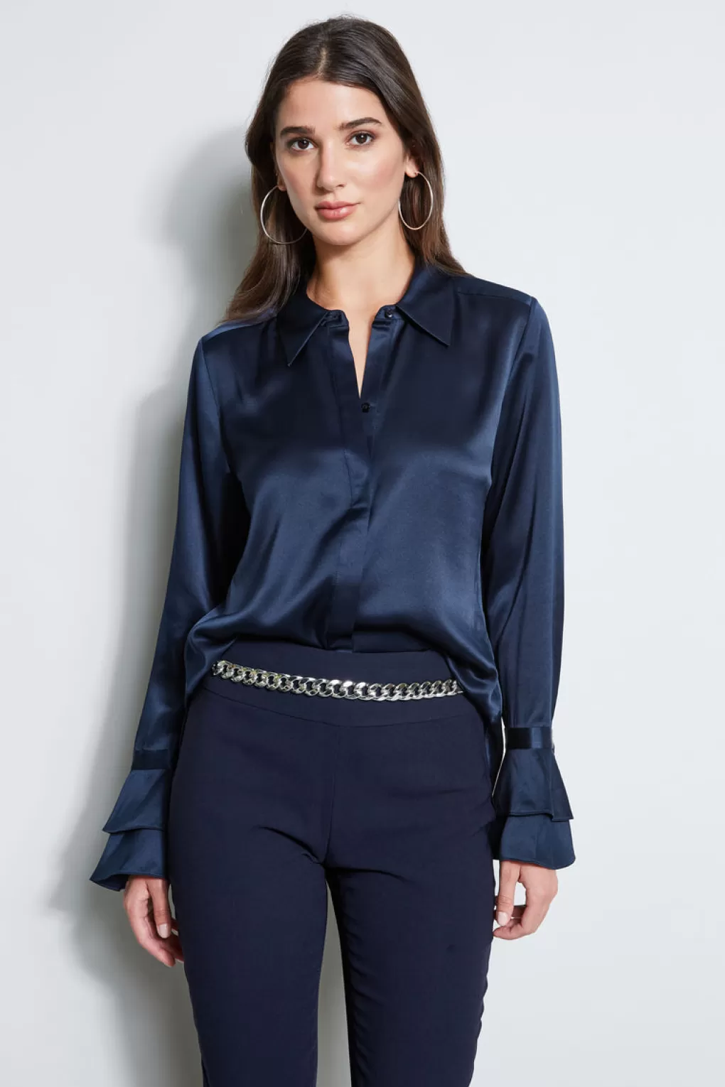 Hot Elie Tahari Silk Satin Ruffle Cuff Shirt STARGAZER