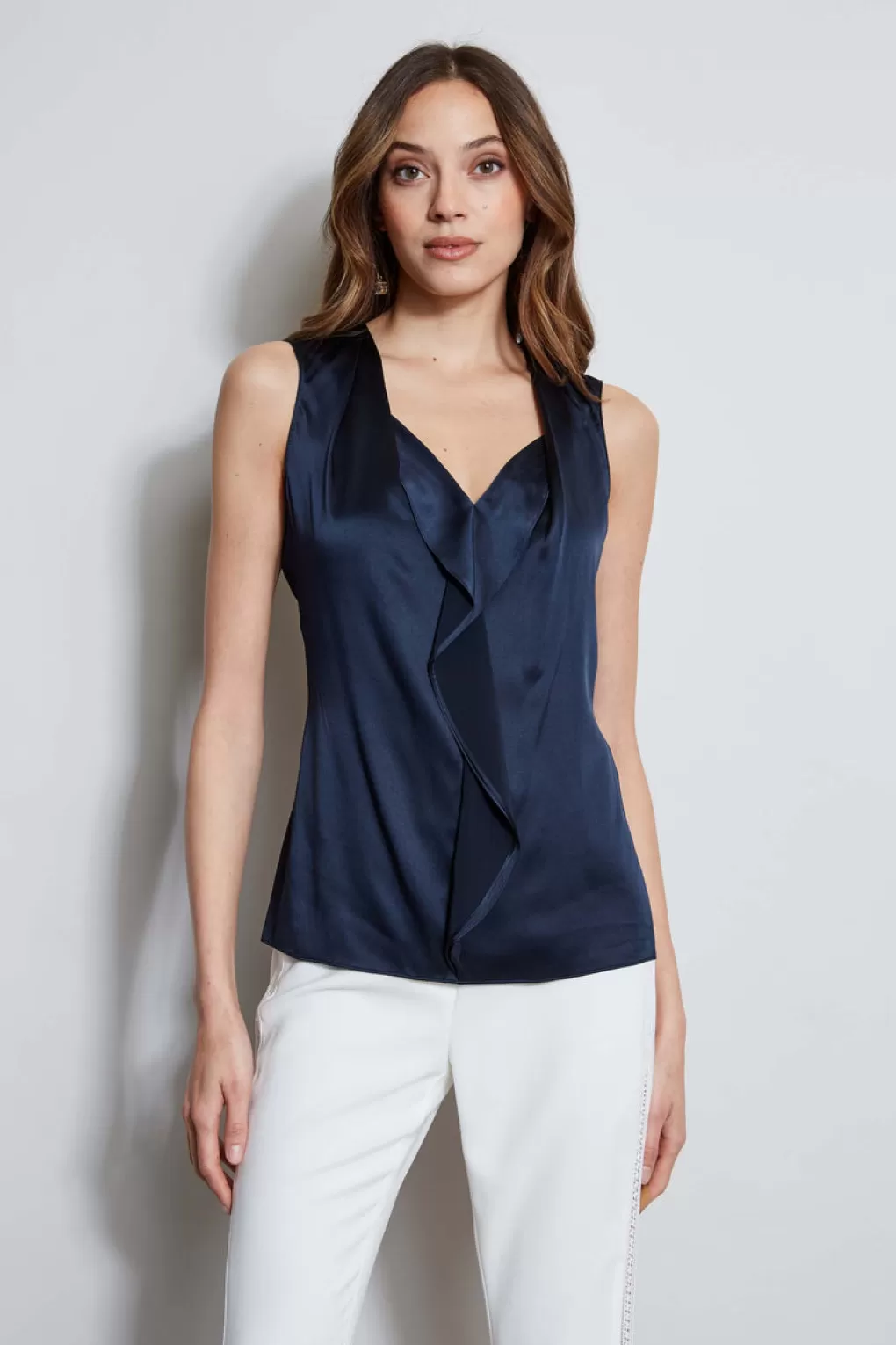 Outlet Elie Tahari Silk Satin Sleeveless Cascade Shirt STARGAZER