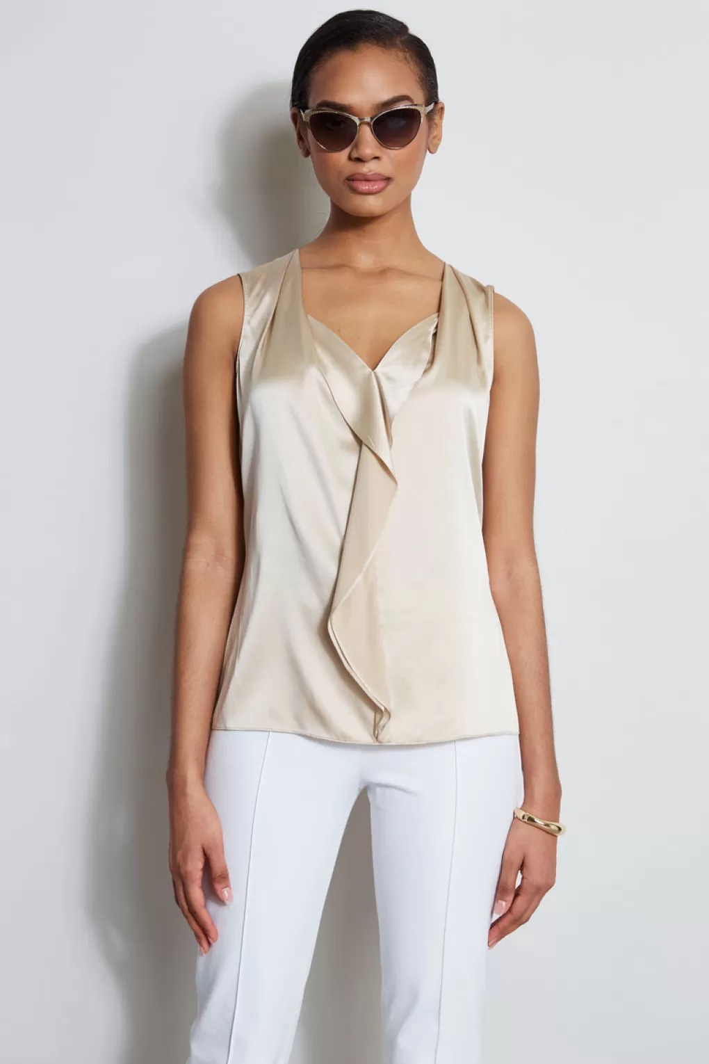 Best Sale Elie Tahari Silk Satin Sleeveless Cascade Shirt DRIFTWOOD