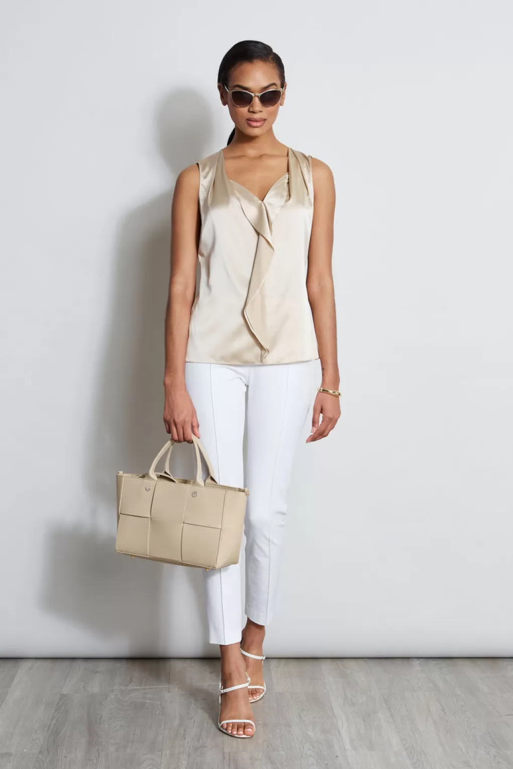 Best Sale Elie Tahari Silk Satin Sleeveless Cascade Shirt DRIFTWOOD