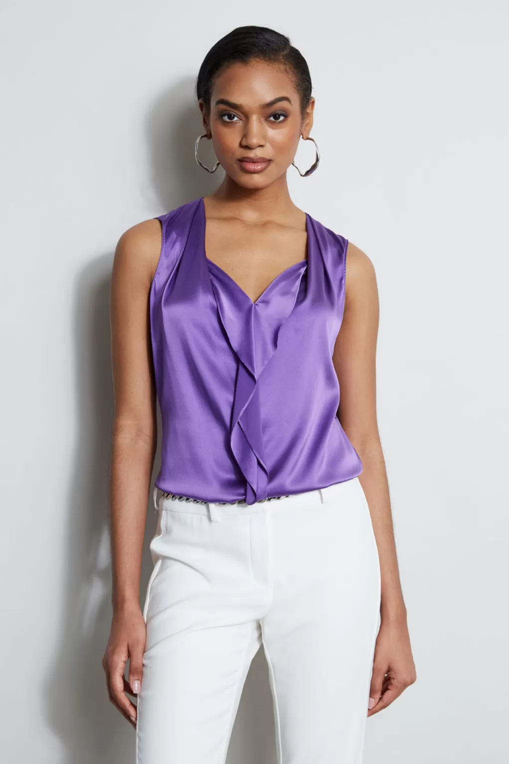 Clearance Elie Tahari Silk Satin Sleeveless Cascade Shirt VIOLET